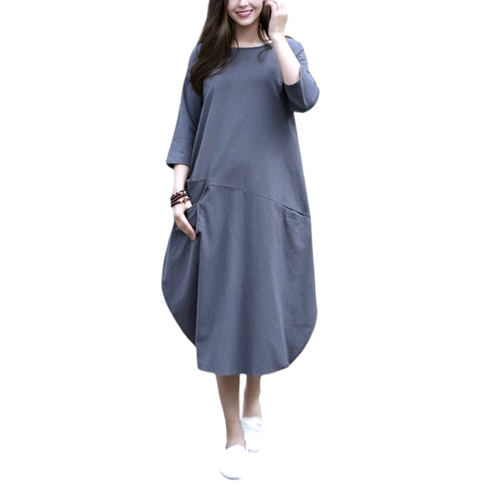 Anysize Women’s XL Gray Soft Linen‎ Blend 3/4 Sleeve Loose Comfort Casual Dress